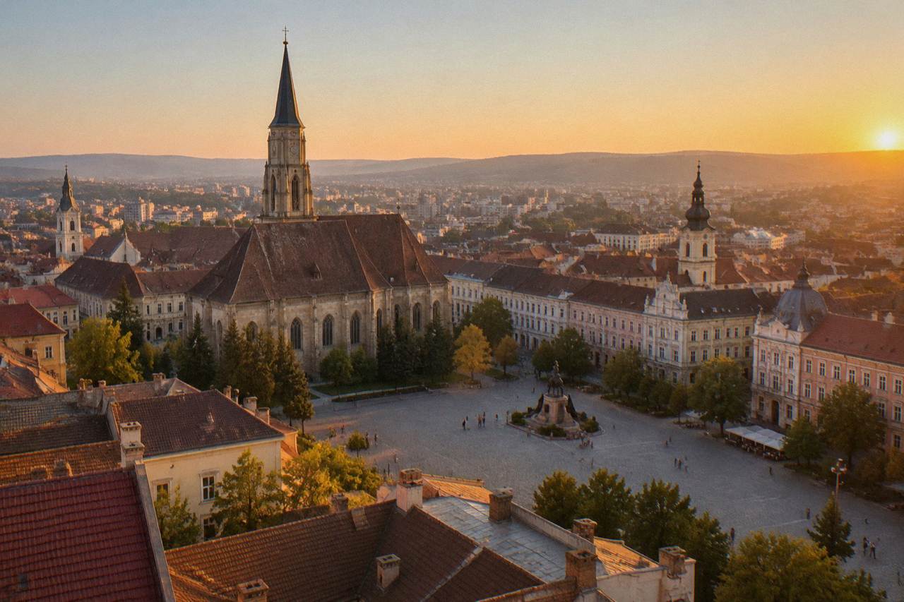 Panoramic view over Cluj-Napoca old town rooftops with church spires under a clear sky