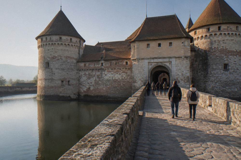 Visitors walking a stone causeway across a water moat toward a fortress gate