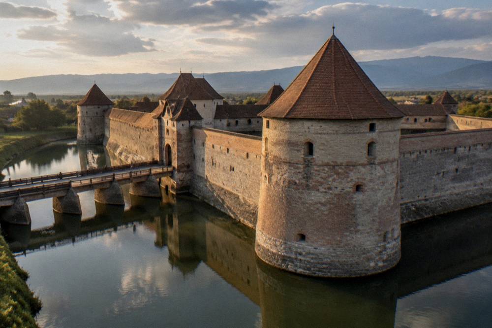 A long stone fortress wall with a round tower rising above still moat water at golden hour