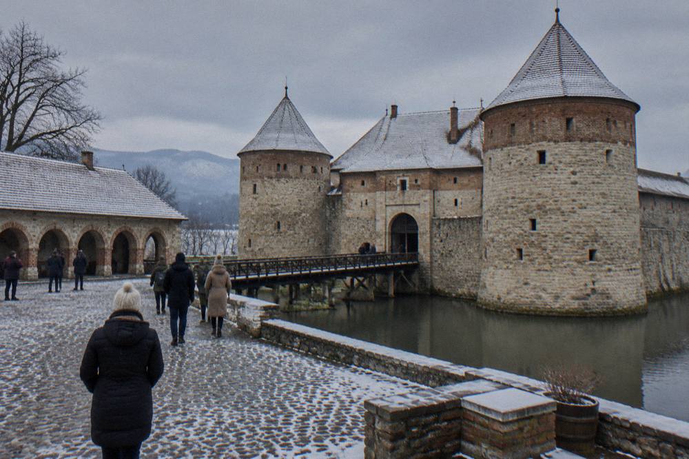 A fortress courtyard with arched stone walls and visitors in winter coats under grey sky