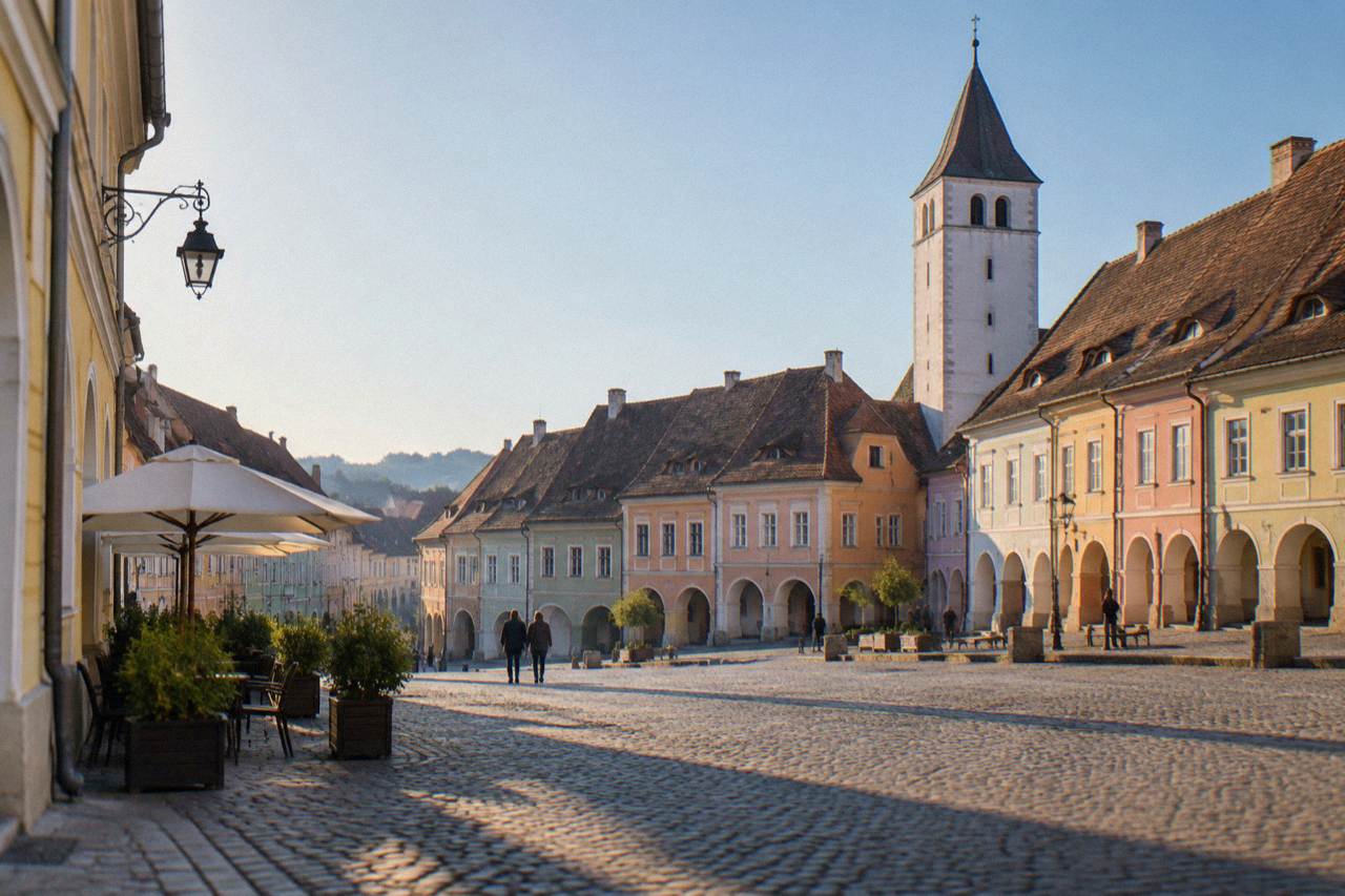 Colourful burgher houses with tall roofs around a small square in a Transylvanian town