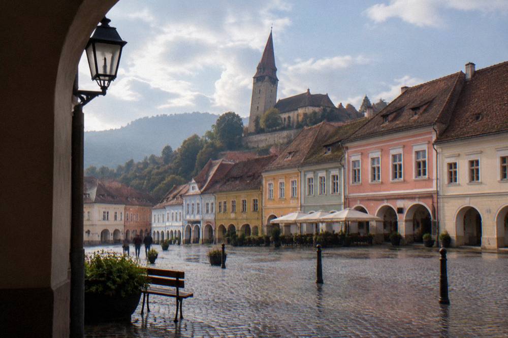 Pastel-coloured facades of merchant houses with arched ground floors along a town square