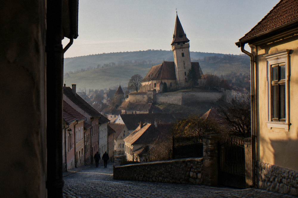 Vineyard rows on low hills behind a Transylvanian town at golden hour