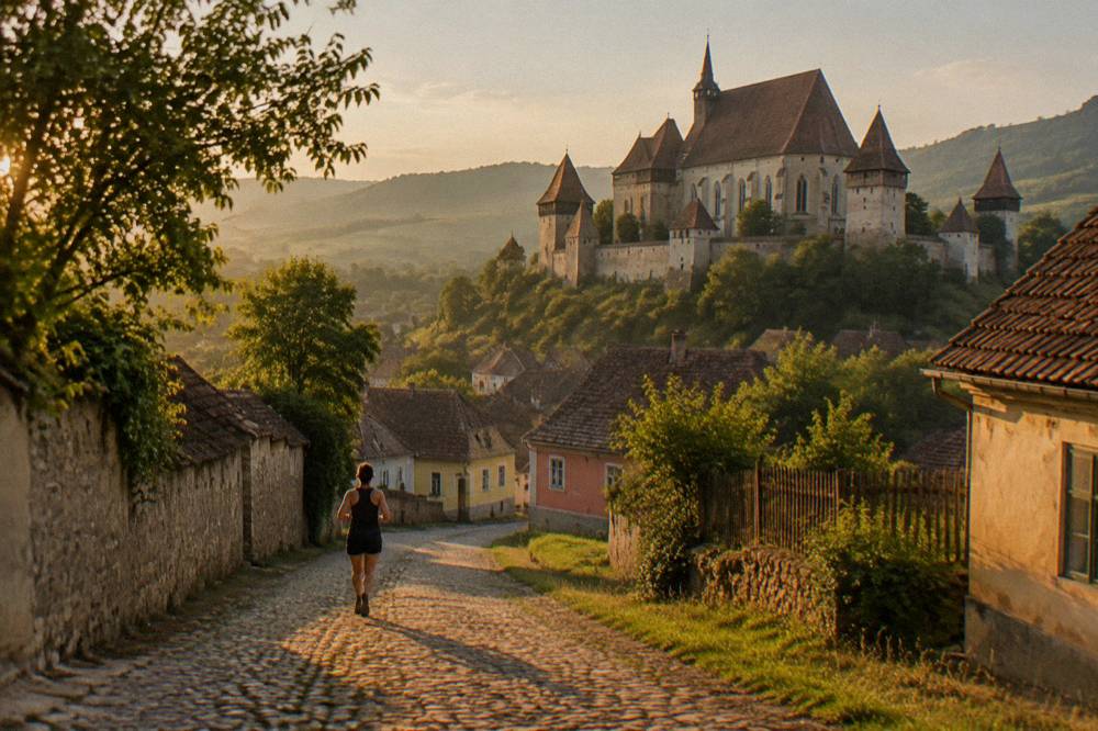 A fortified church with thick walls and defensive towers in a Transylvanian village