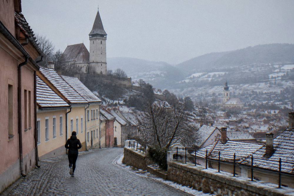 A winding road through green Transylvanian hills with a village church tower in the distance