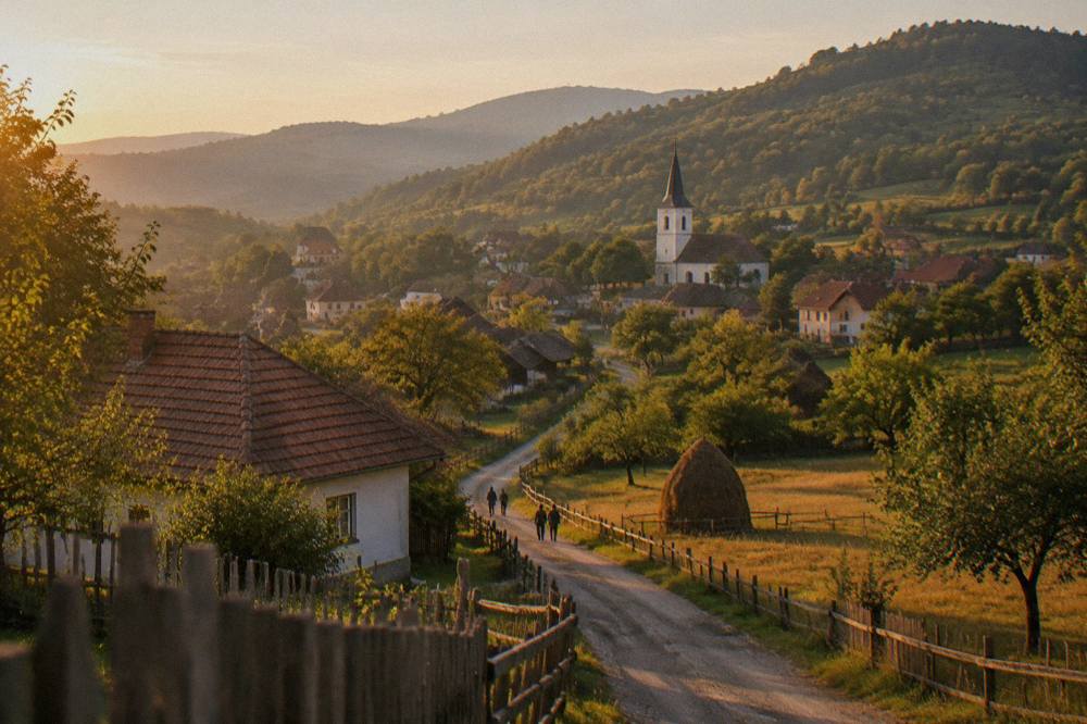 A country road winding between wooden fences and hay meadows toward a hillside village