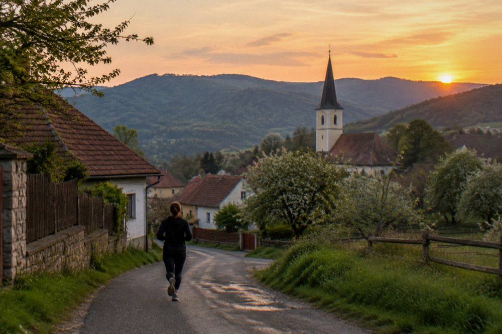 Sunset light over a Transylvanian village church tower and surrounding hills