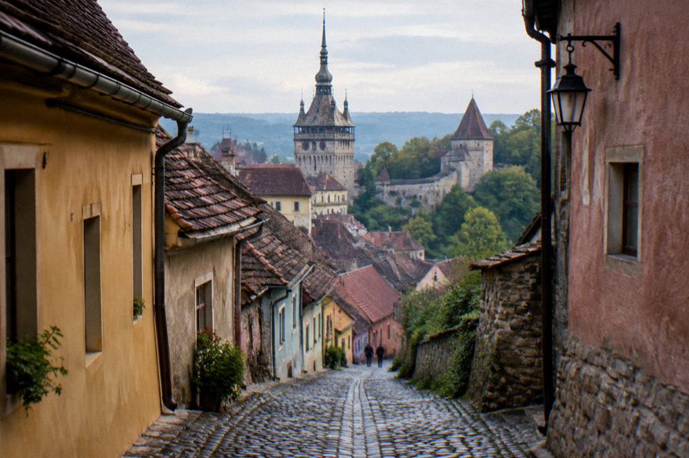 A steep cobbled lane between medieval houses inside the Sighișoara citadel on a quiet morning