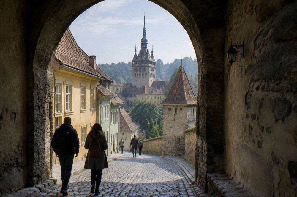 Travellers walking through an old stone gate passage into the Sighișoara citadel on a bright afternoon