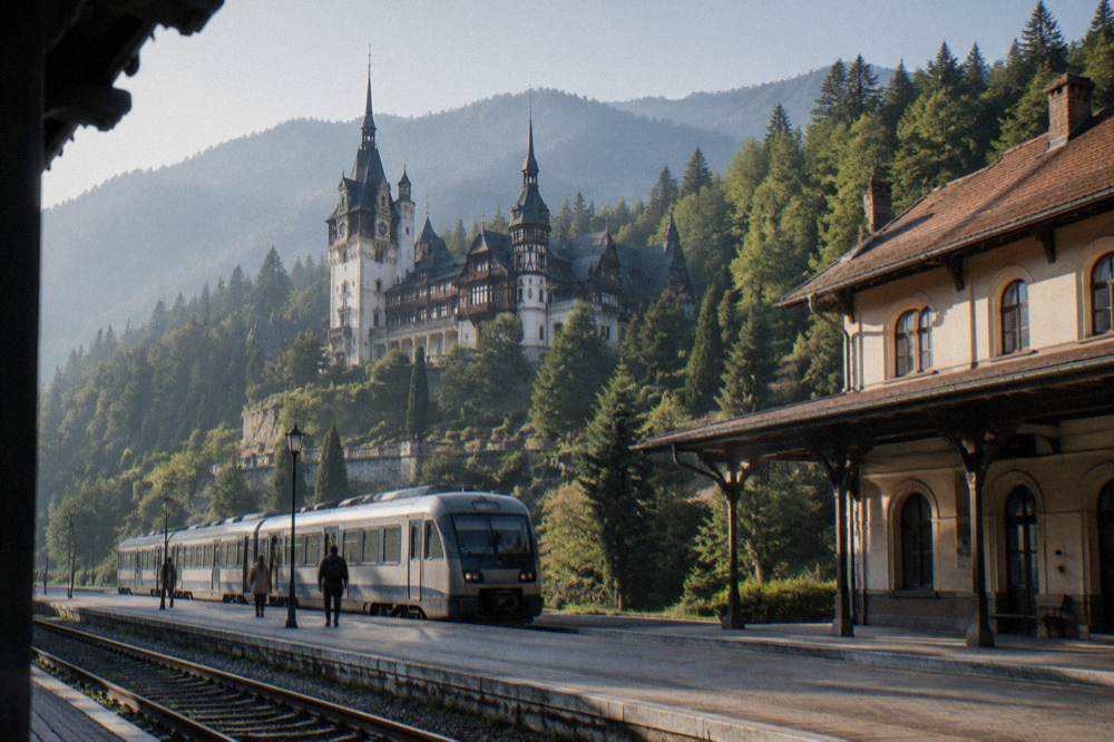A regional train waiting at a platform beside a station building in a Transylvanian town
