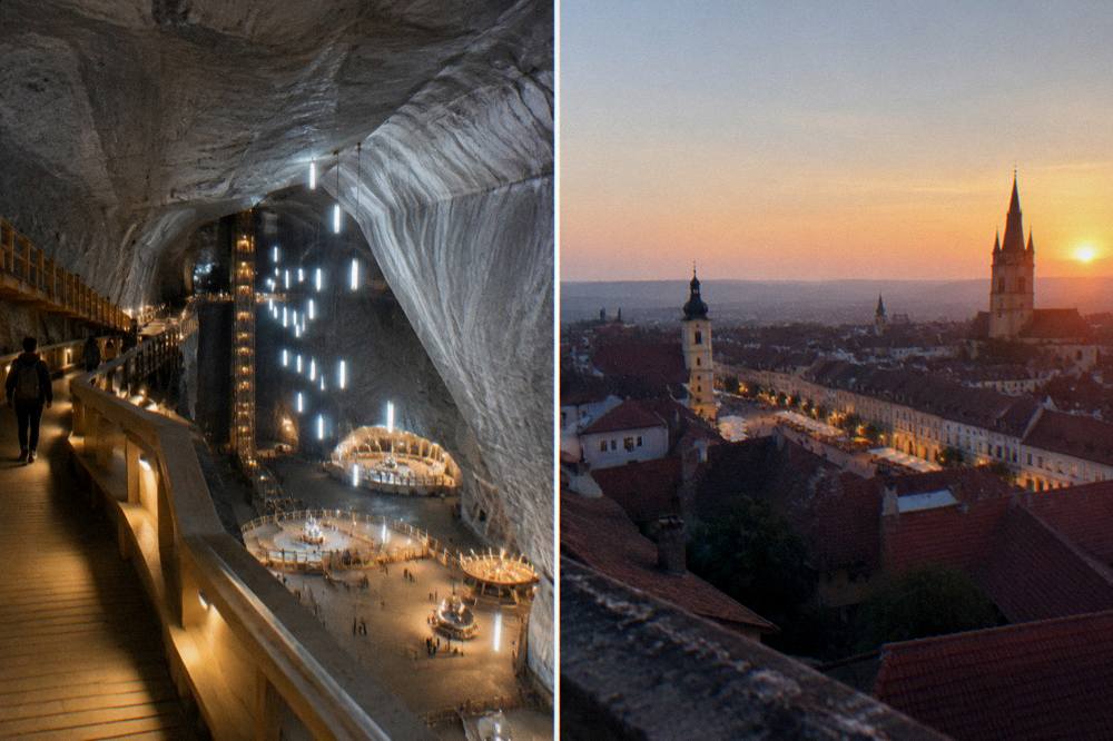 An evening view over Sibiu's old town rooftops with church spires and lit squares at dusk