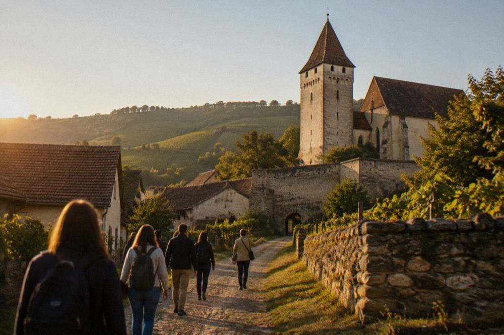 A small group of visitors walking with a guide along a village lane toward a walled church