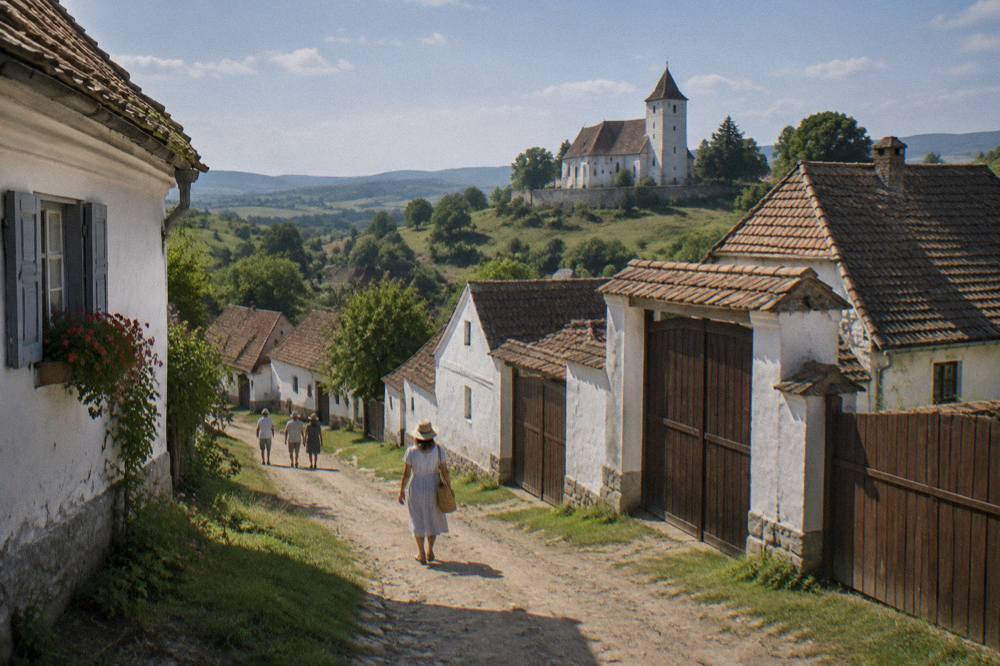 A dirt lane between whitewashed Saxon farmhouses with tall wooden gates under a summer sky