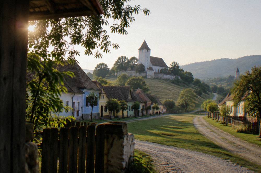 A country road winding through rolling green hills towards a distant church tower