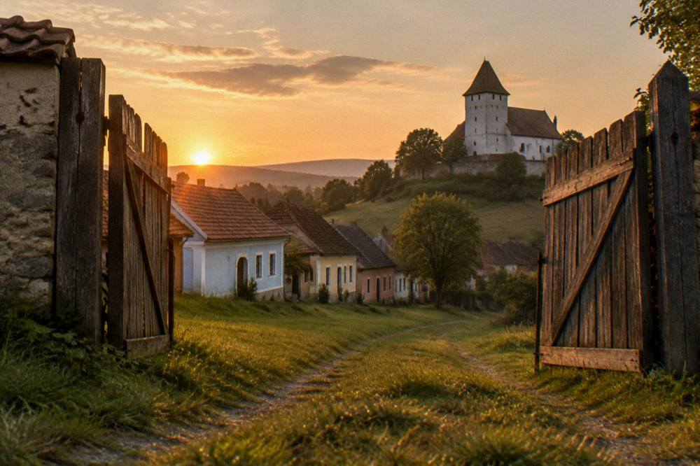 An old wooden gate standing open on a grassy track with hills behind it at sunset