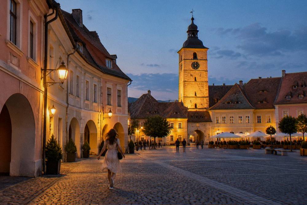 An illuminated medieval tower and square in Sibiu on a blue evening