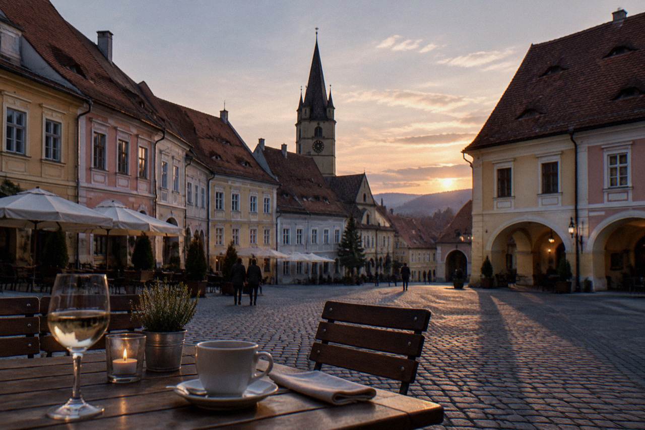 A laid restaurant table on a cobbled square in a Transylvanian old town at dusk