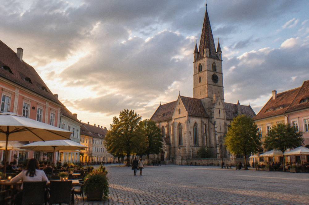 Evening light on cafe terraces along a cobbled square surrounded by colourful historic buildings