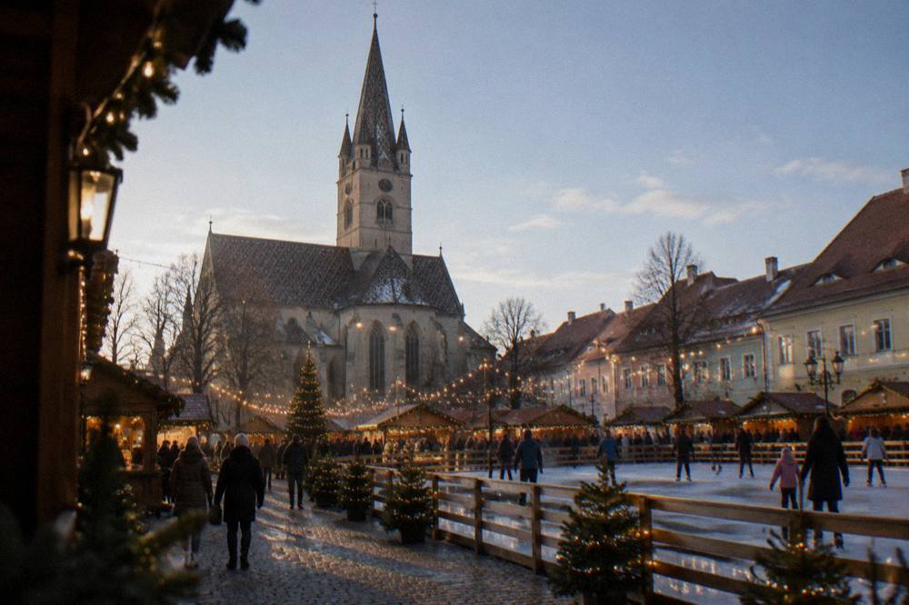 A festive market square at night with wooden stalls, strings of lights and an ice rink