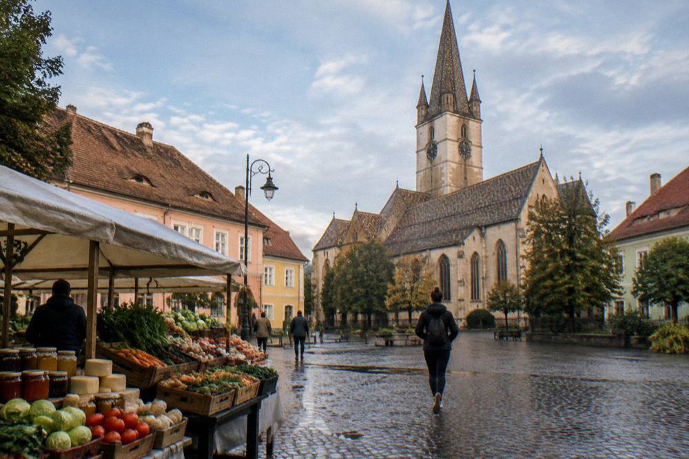 A market stall with fresh vegetables, cheese and preserves under a canopy in Romania