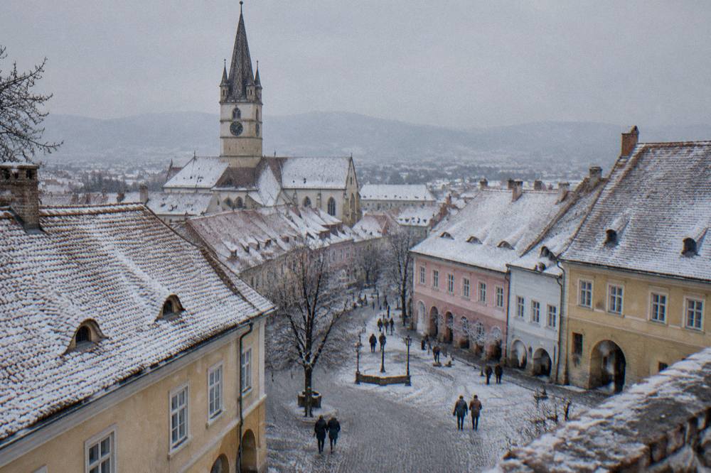Snow-covered rooftops and a church tower in Sibiu old town on a winter morning