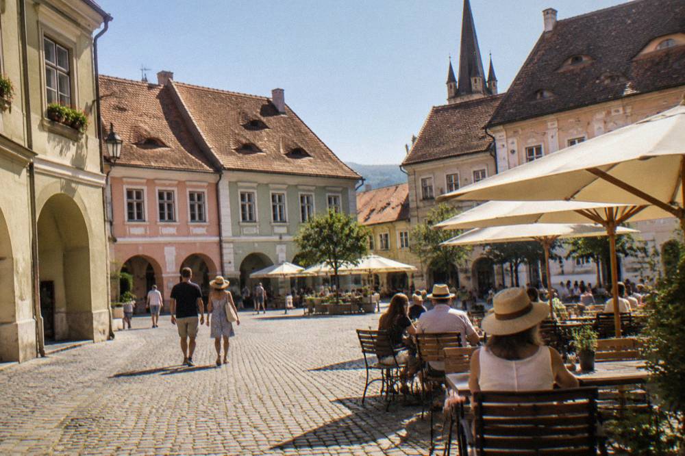 Outdoor cafe tables on a cobbled square in Sibiu on a warm summer evening