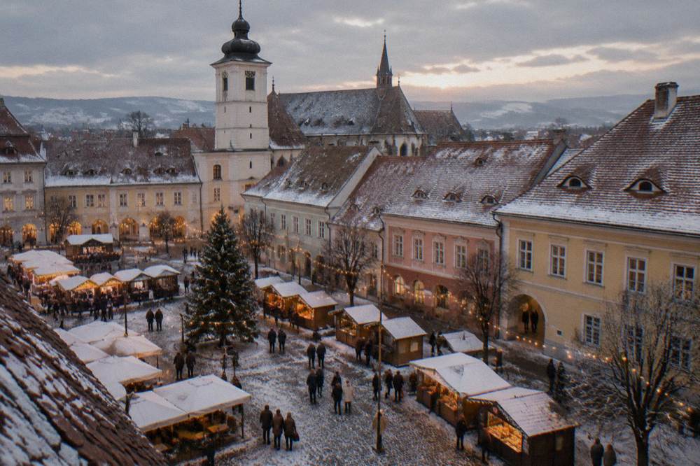 Festive market stalls and string lights in a snow-dusted Sibiu square at dusk