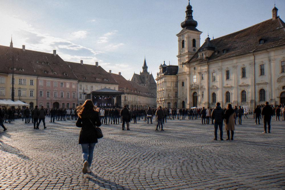 Crowds gathered in a large square in Sibiu during an outdoor festival evening