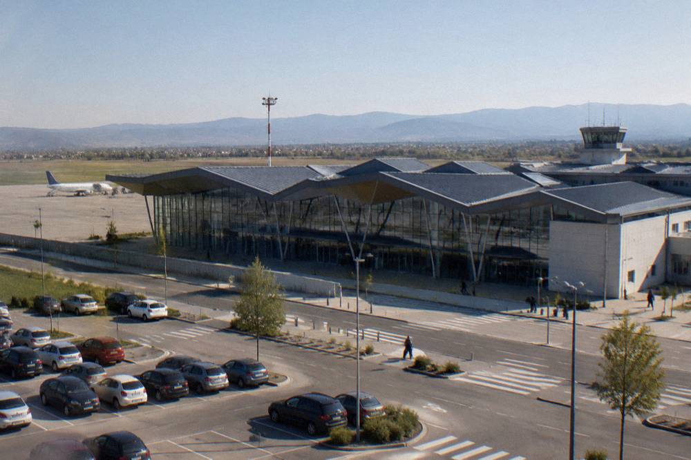 The terminal building of Sibiu International Airport on a clear day
