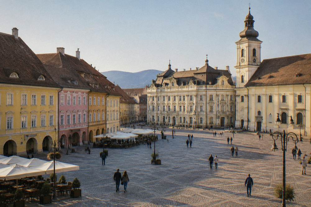 Colourful baroque buildings along the edge of Piața Mare in Sibiu