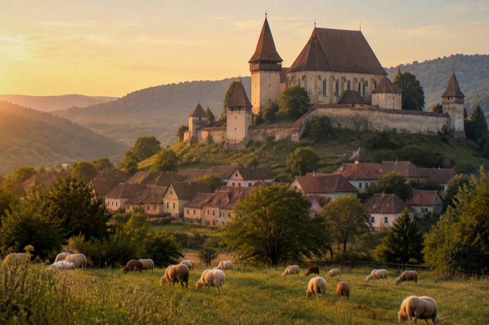 Sheep grazing in a meadow below a fortified church tower in the Sibiu countryside