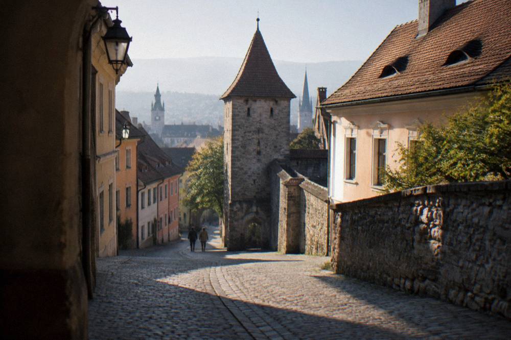 Old defensive walls and a stone tower along a quiet street below the upper town of Sibiu