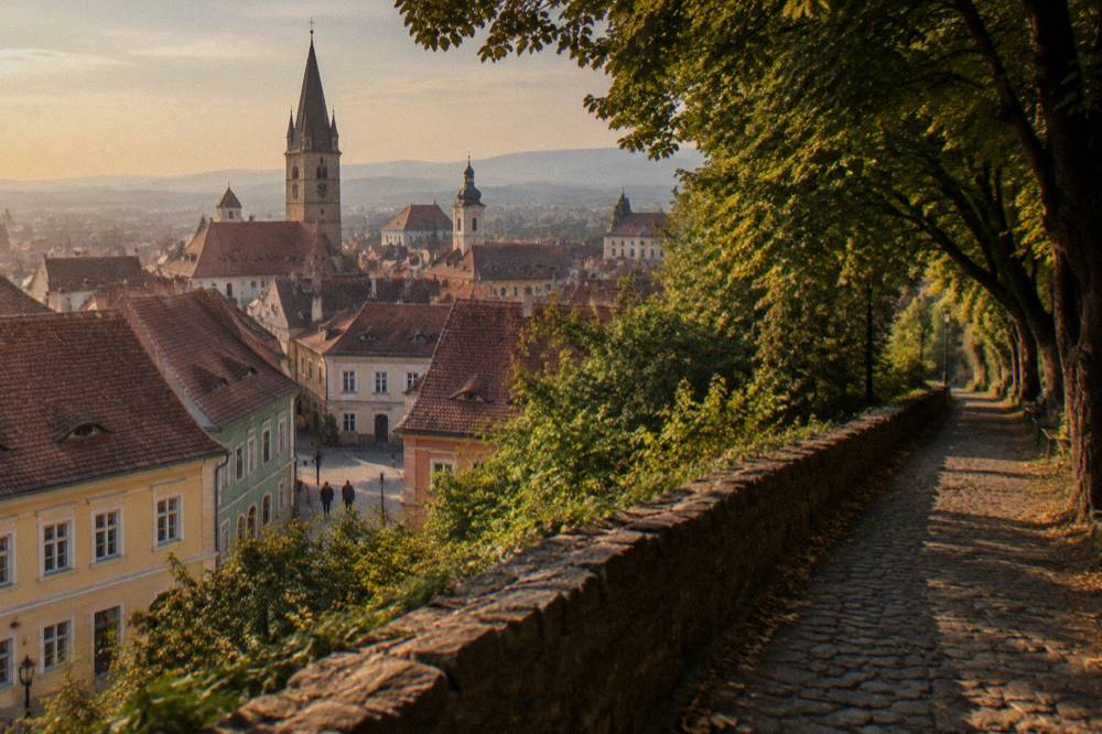 A shaded path through a broadleaf forest on the edge of Sibiu