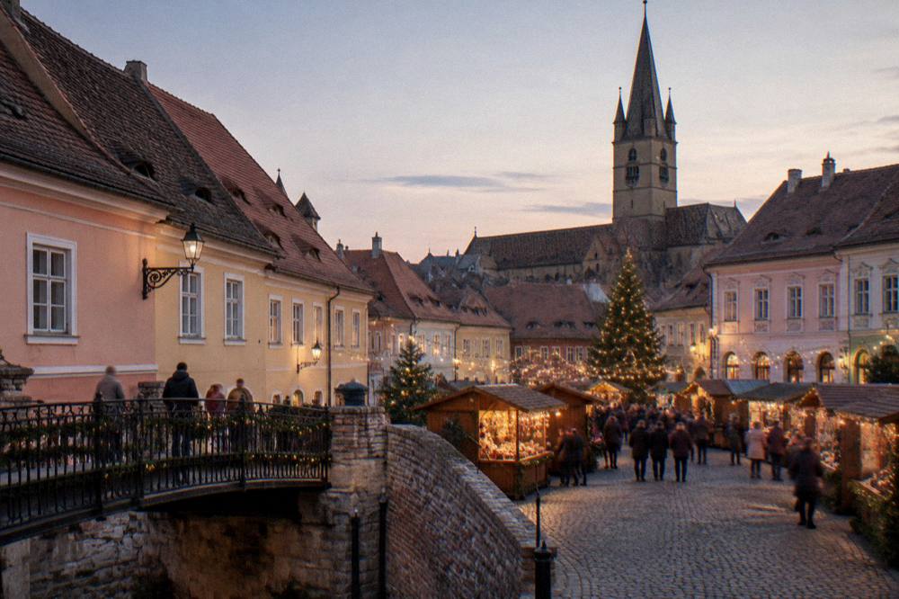 A festive market with wooden stalls and lights in a grand square at dusk