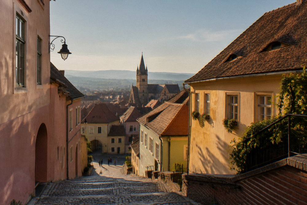 A steep old stepped passage between colourwashed houses in Sibiu