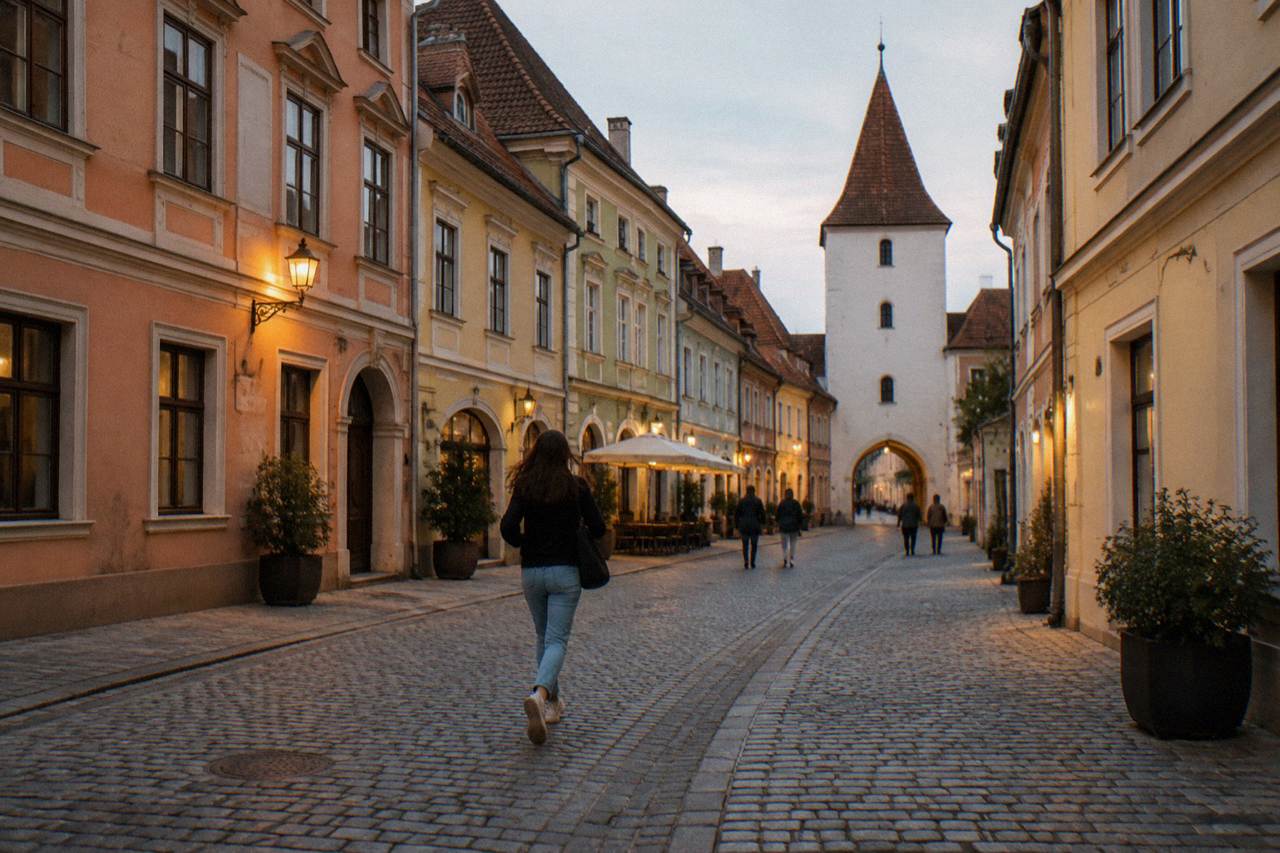 A pedestrian street in Sibiu's old town with colourful baroque buildings and the Council Tower in the distance
