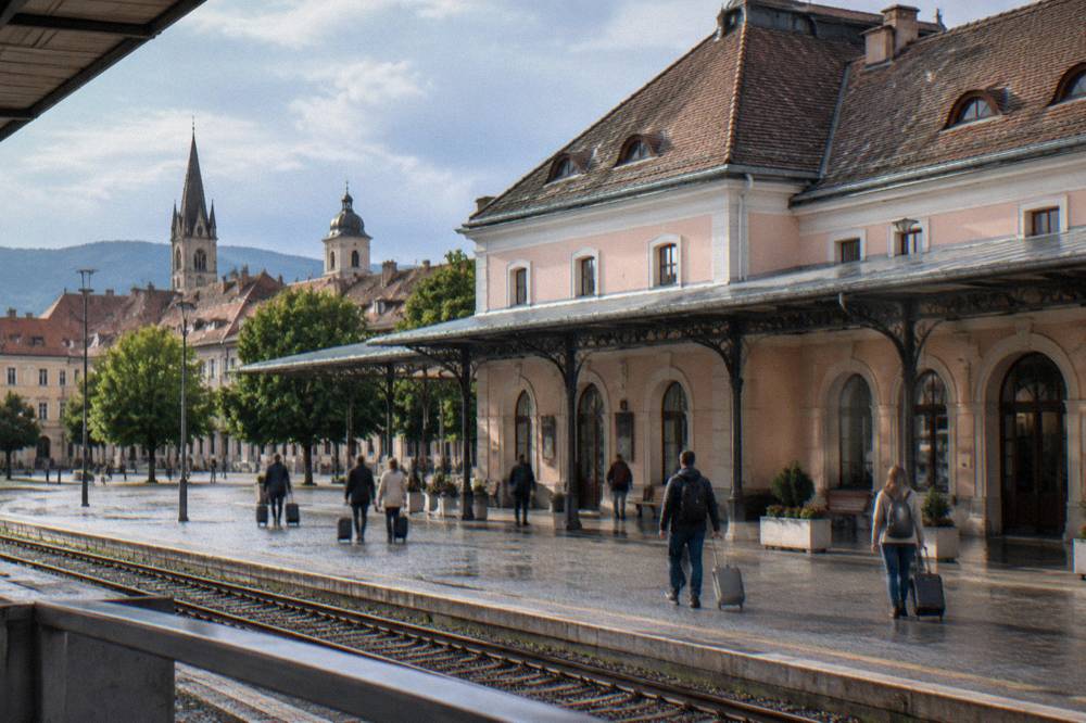 The facade of Sibiu's train station with travellers with luggage on the platform outside