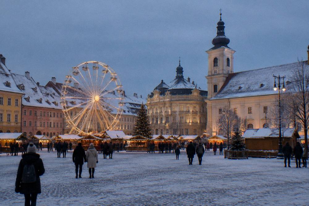 Sibiu's Piața Mare covered in snow with a Christmas market and a ferris wheel lit at dusk