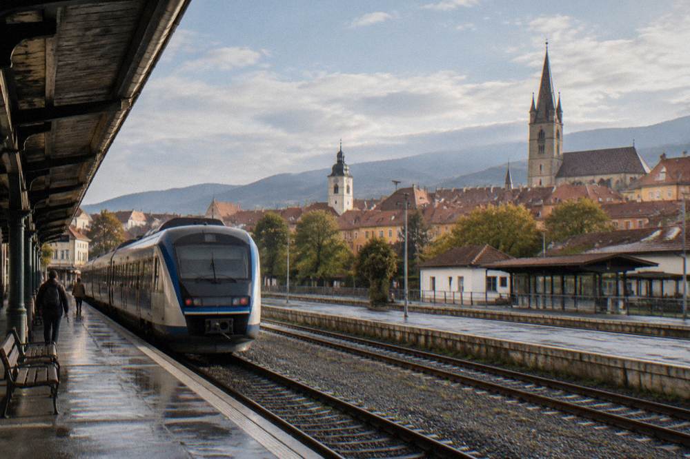 A railway platform with a regional train and the Sibiu skyline beyond