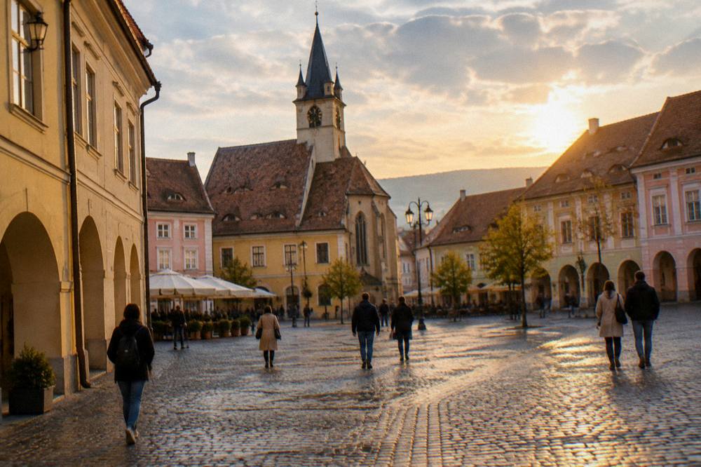 Pedestrians crossing a cobblestone square in Sibiu's old town at golden hour