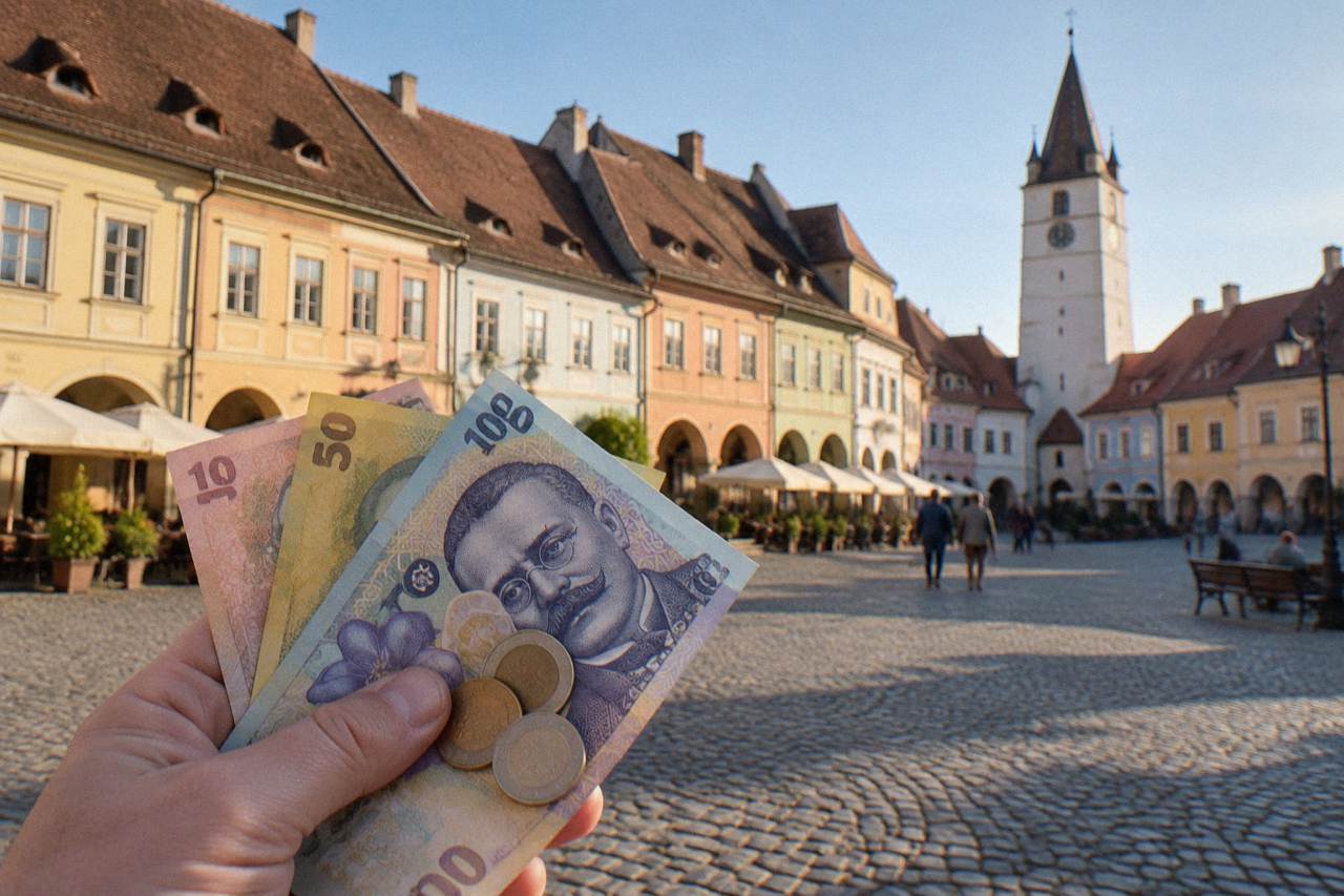 Romanian banknotes and coins held over a cobbled square with colourful old houses