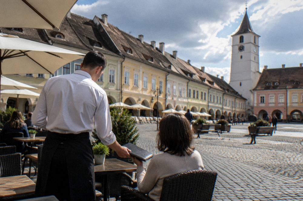Waiter returning a leather bill folder to a diner on a restaurant terrace