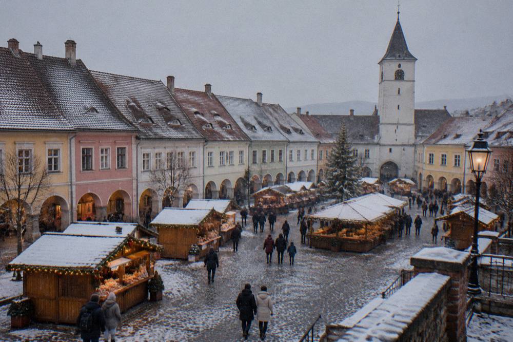 Christmas market stalls with lights around a square at dusk