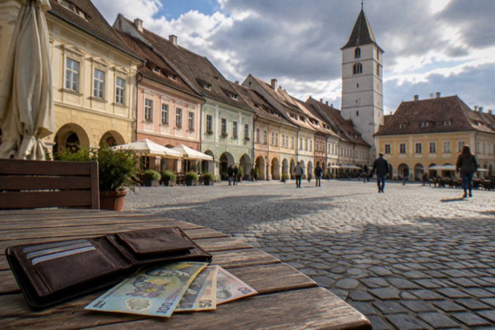 Open wallet with Romanian lei beside a map on a café table in an old square