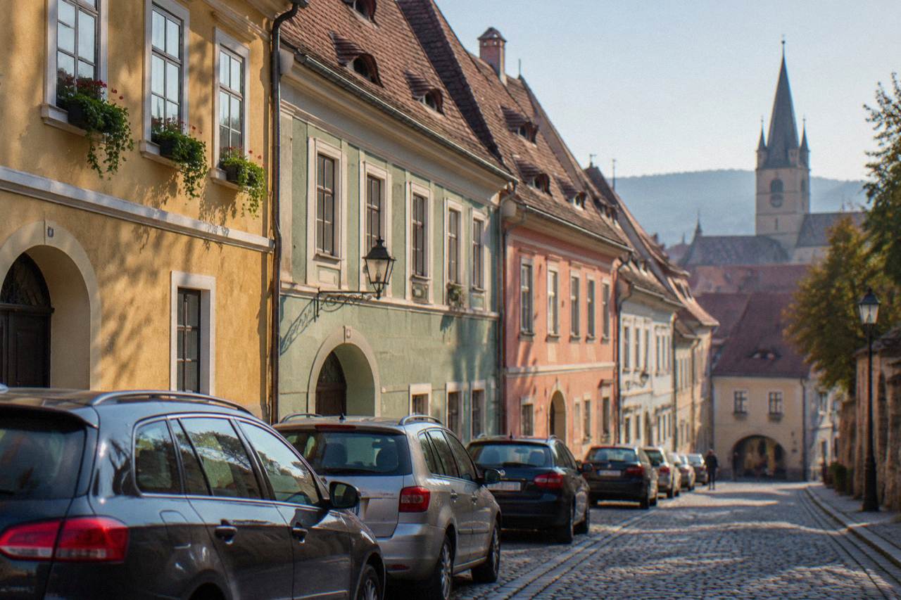 Cars parked along a street of colourful historic houses near the Sibiu old town