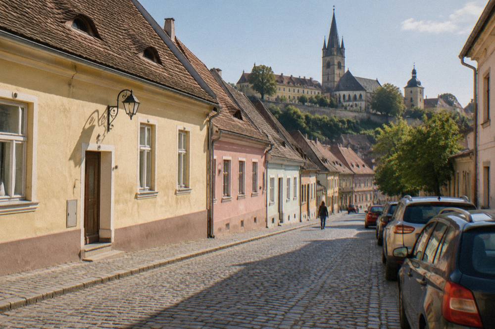A quiet cobblestone street in Sibiu's Lower Town with parked cars along one side