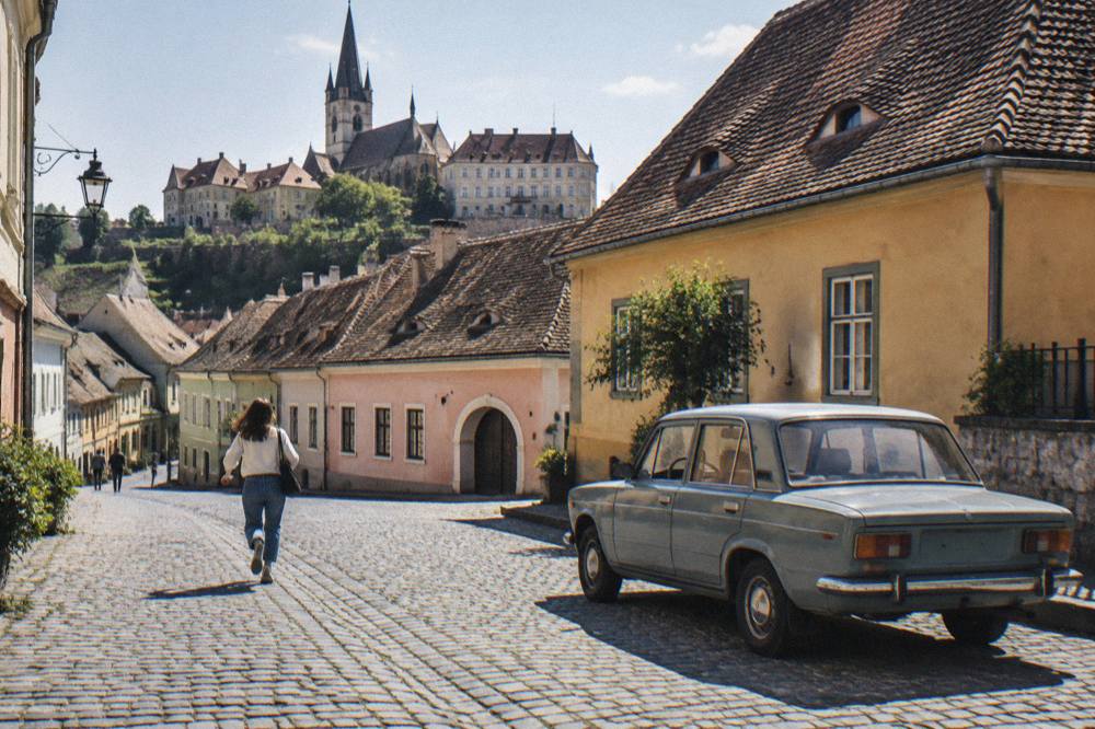 A vintage boxy saloon car parked on a cobbled square in a Transylvanian town