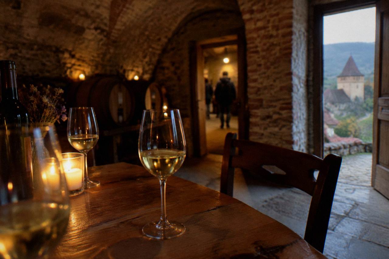 Glasses of white wine on a wooden table in a candlelit cellar