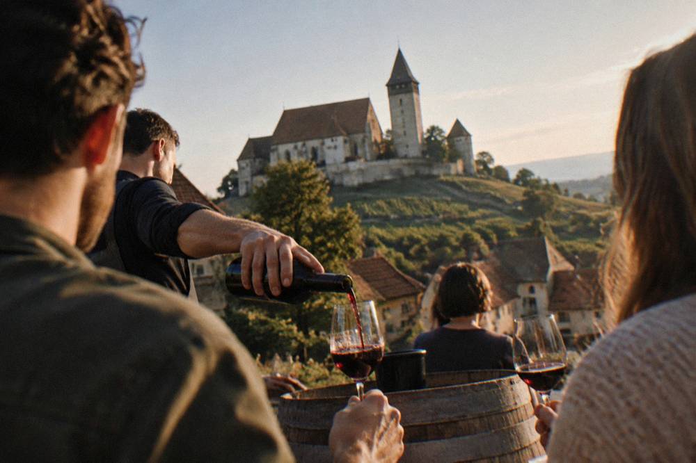 A sommelier pouring red wine into a glass for a small tasting group