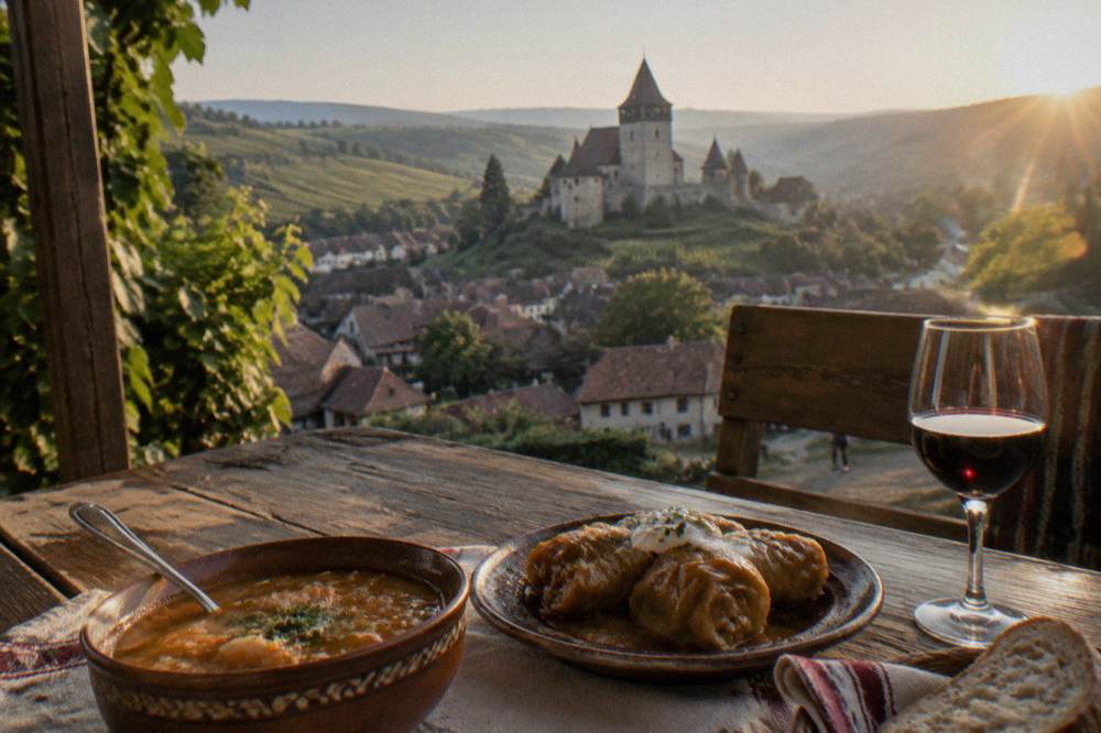 A rustic Transylvanian table with cabbage rolls, sour soup and a glass of red wine
